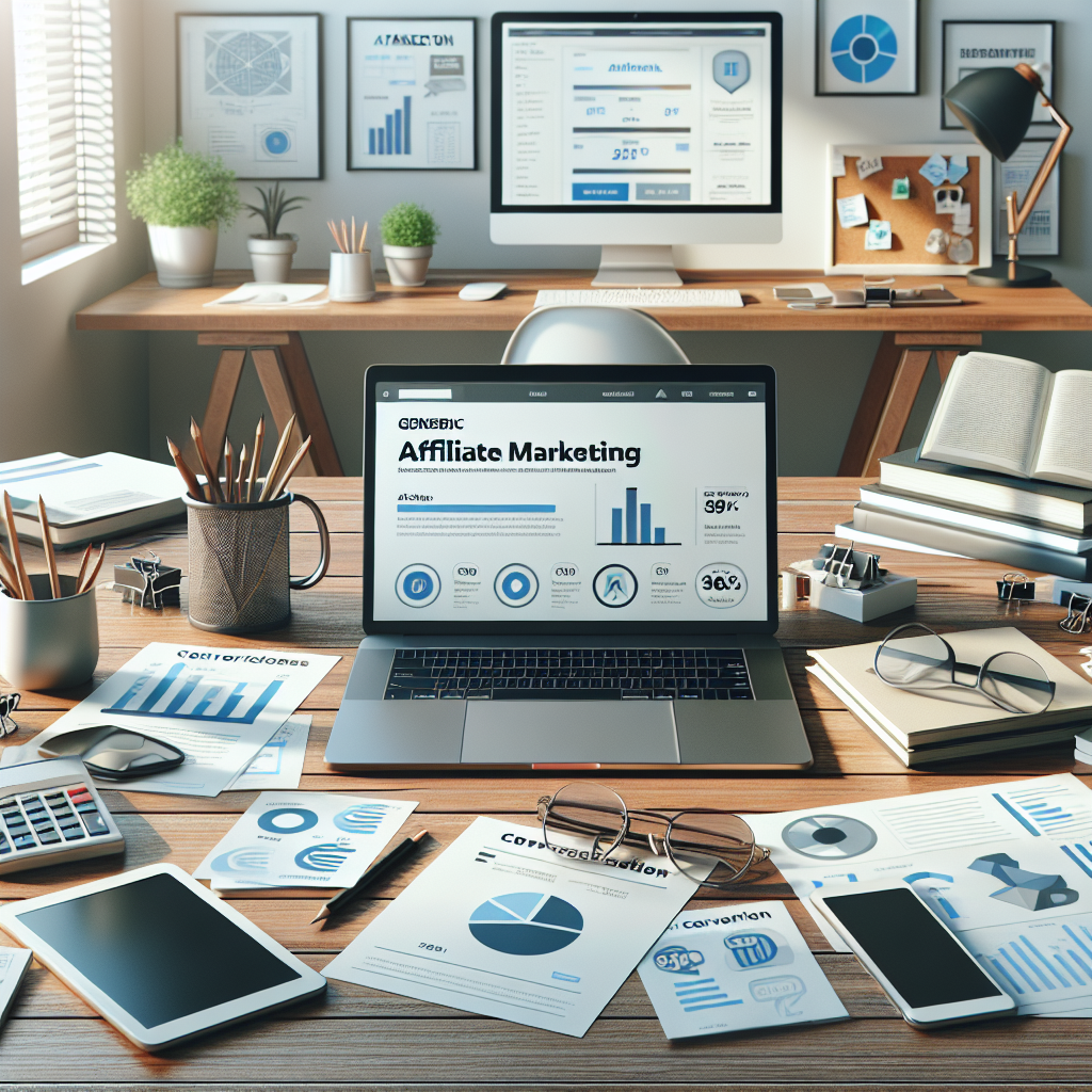 Clean, modern workspace featuring a laptop displaying a WordPress affiliate theme layout, with conversion charts and mobile mockups on the desk, bright and professional