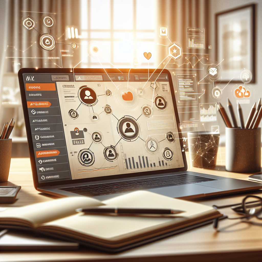 A modern workspace scene showing a laptop displaying a CRM dashboard with affiliate icons, charts, and email automation flows; clean, professional, warm color palette.
