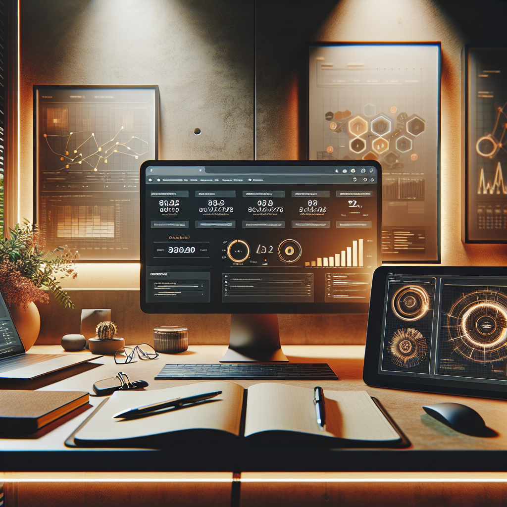 A modern workspace showing a WordPress dashboard on a laptop, editorial calendar on a notebook, and analytics charts on a tablet, warm neutral lighting