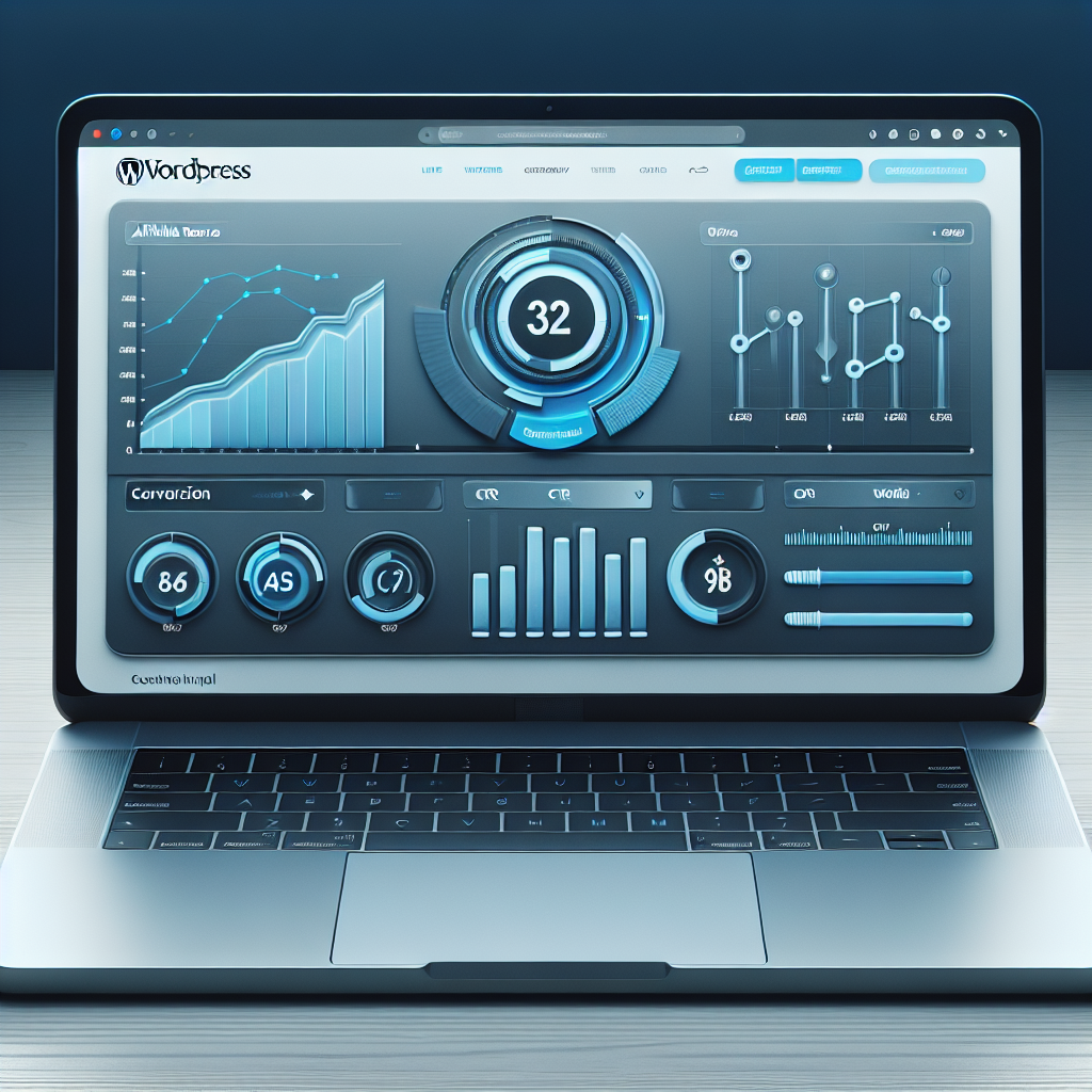 A modern, clean dashboard interface on a laptop showing affiliate revenue charts, CTR, and conversion funnels with WordPress branding elements and subtle affiliate icons