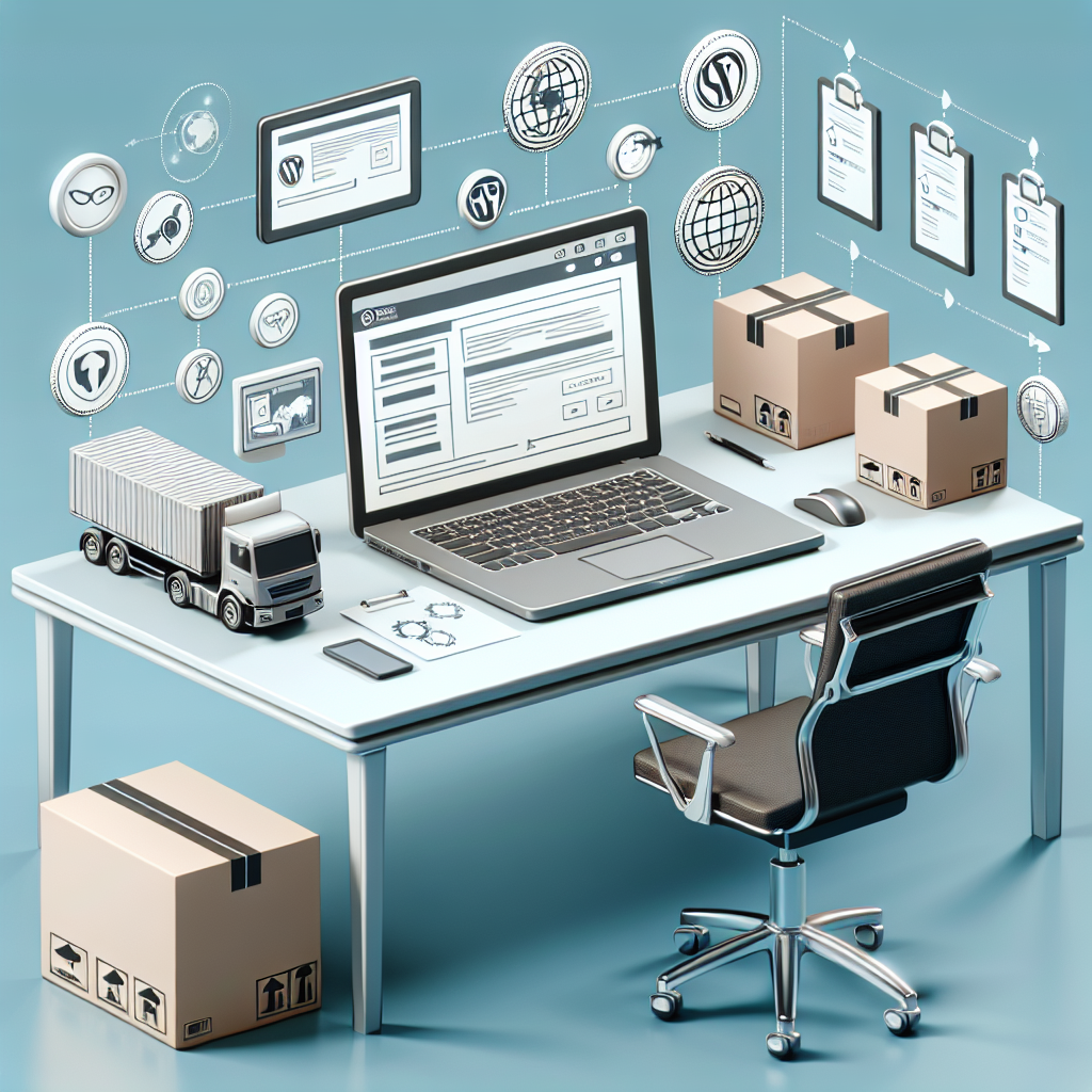 Featured image: a modern desk with a laptop showing a WordPress dashboard, product boxes, and supply chain icons (truck, globe, checklist) in a clean professional style
