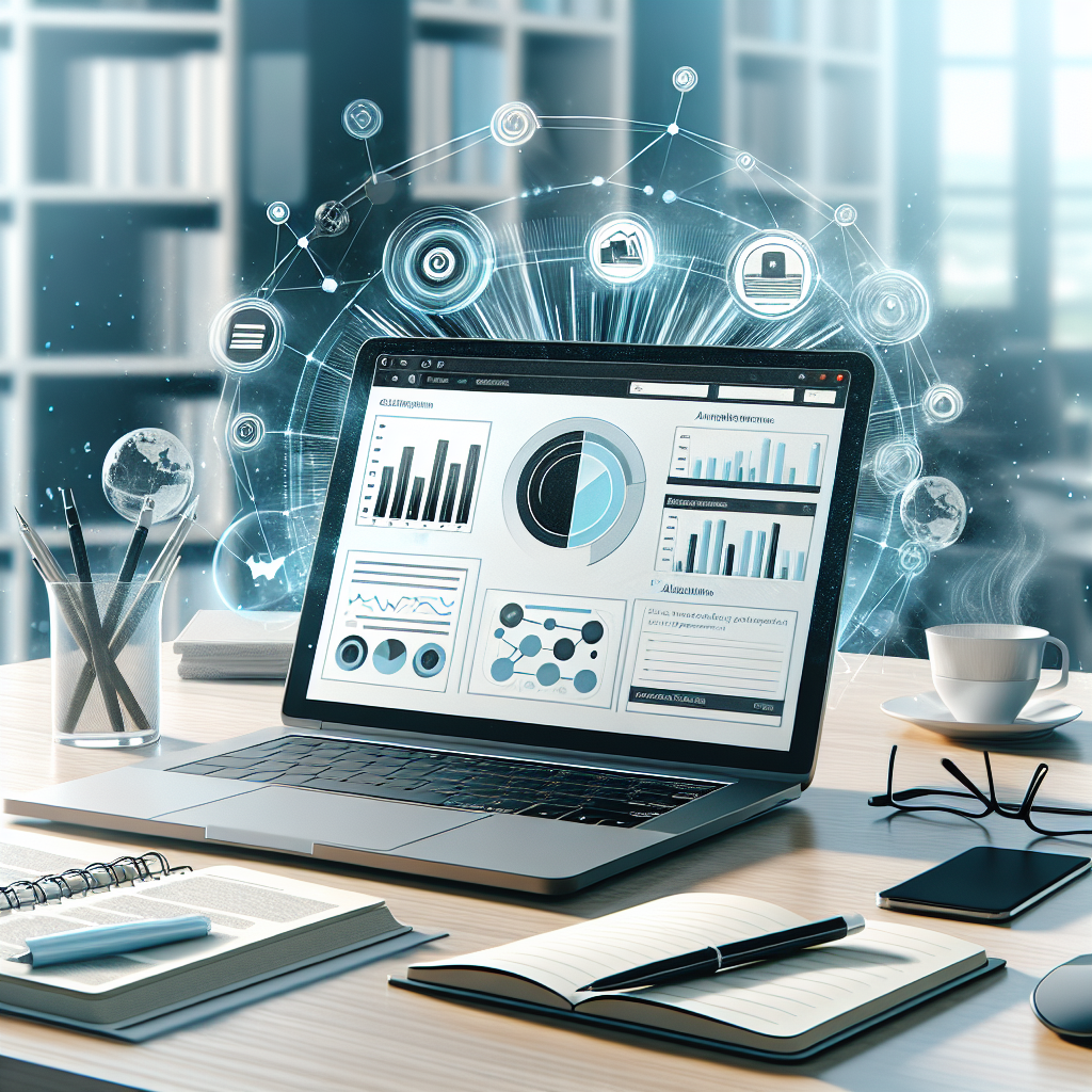A modern, clean workspace showing a laptop with a WordPress dashboard, analytics charts, and affiliate product images; bright, professional, and focused on content strategy.