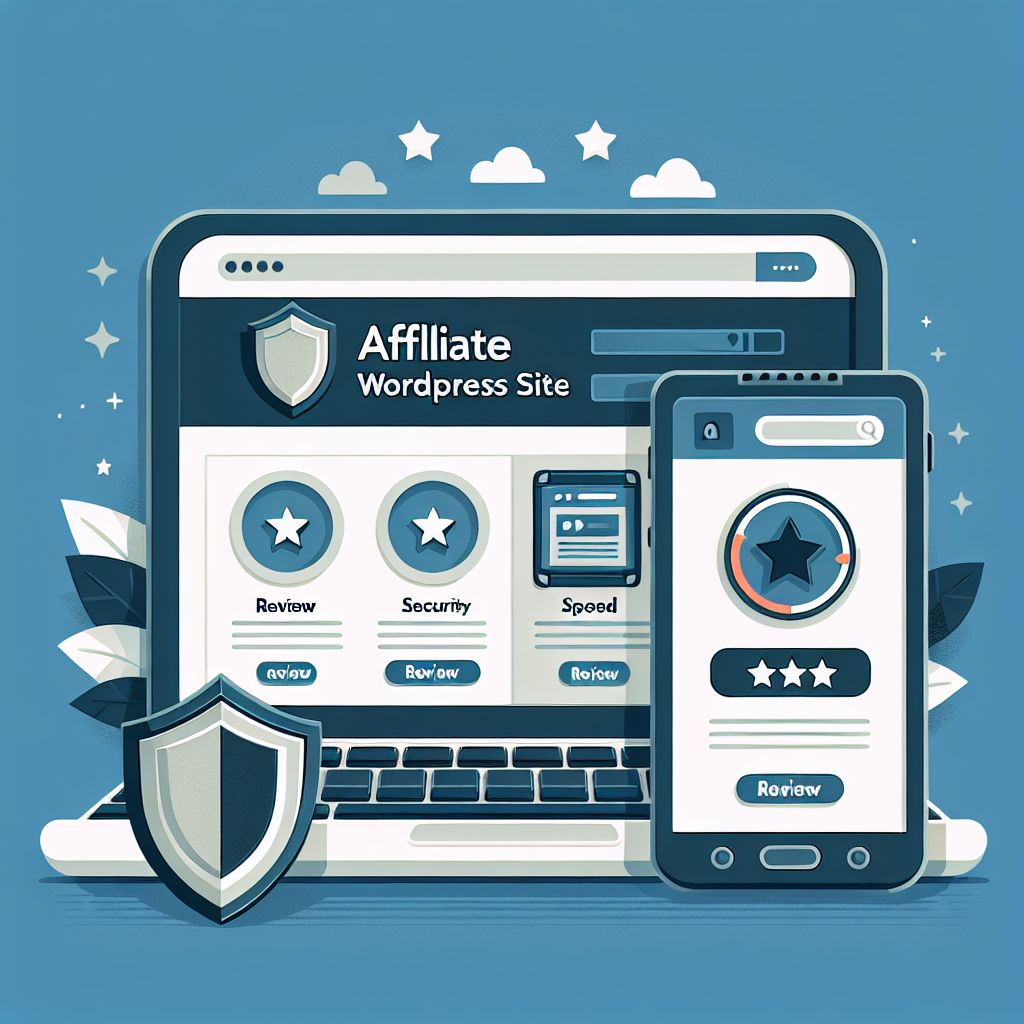 A modern, trustworthy affiliate WordPress site concept: a laptop and smartphone showing a clean theme with review stars, security shield icon, and speed gauge on a neutral background, professional flat-style