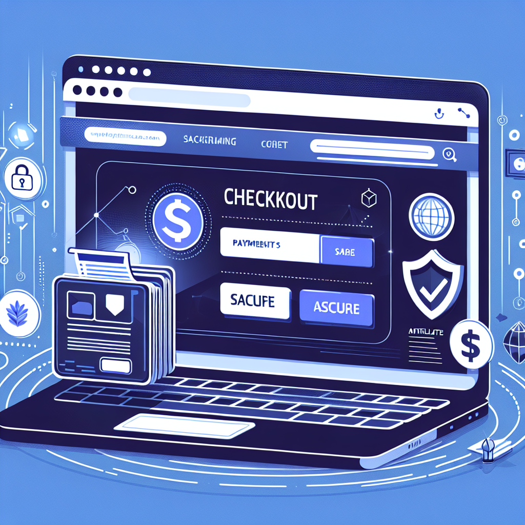 A modern, clean illustration of a WordPress theme checkout on a laptop screen with payment icons, affiliate links, and secure shield icon in the foreground