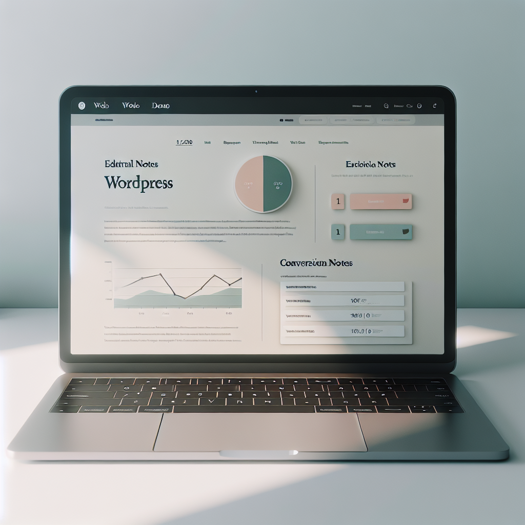 A modern, clean featured image showing a laptop with a WordPress theme demo, editorial notes, and conversion graphs, soft brand colors and clear typography