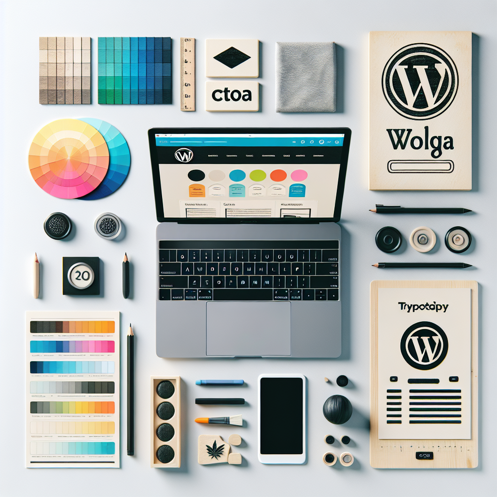 A modern workspace flat-lay showing a WordPress theme layout on a laptop, color swatches, typography samples, CTA buttons, and product thumbnails — clean, vibrant, and professional